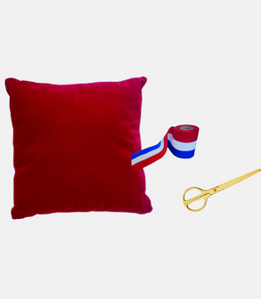 KIT INAUGURATIO Kit inauguration coussin rouge grenat<br> ciseaux dorés ruban rouge