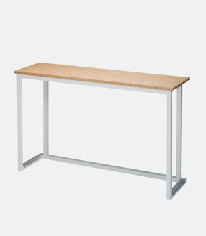 Console haute Kubo blanche plateau bois<br> 120 x 35 cm H 110 cm